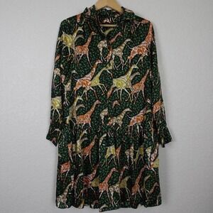 J. Crew Giraffe Print Button Front Tiered Midi Dress Womens XS Navy Green Orange